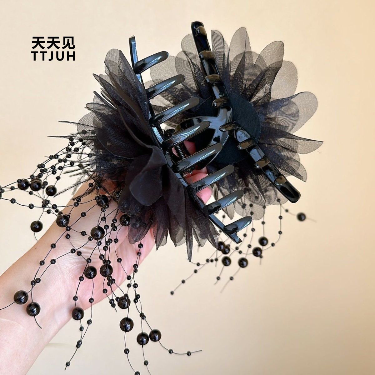 Elegant black lolita headwear with peonies, various hair clips, hair clips at the back of the head to show hair volume, and shark claw clips detail image 4