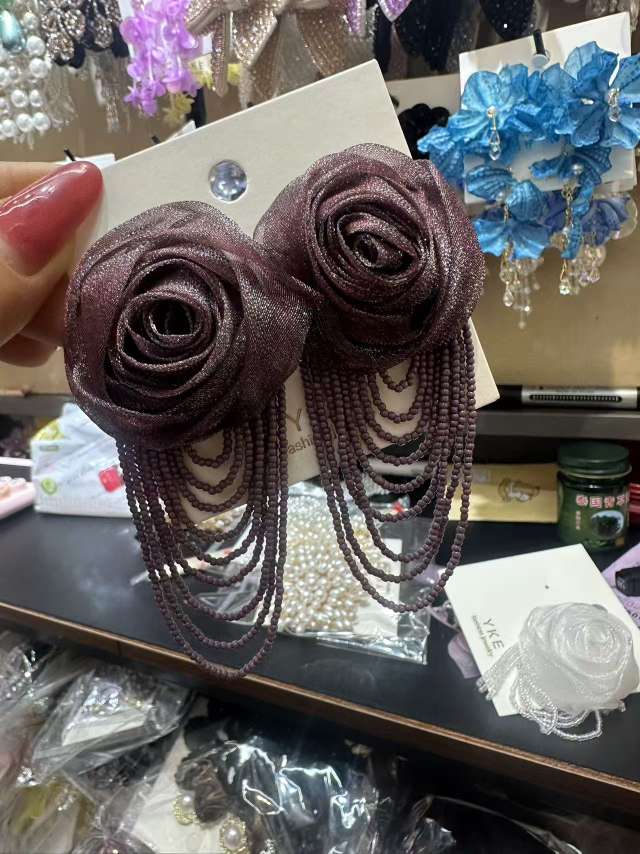 夸张布艺玫瑰花苞流苏米珠串珠耳环耳饰