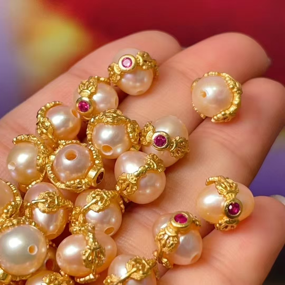 Gold pestle pearl straight hole diy jewelry accessories, crystal accessories, ancient method sand gold accessories, copper plated with real gold, high color retention Specification image