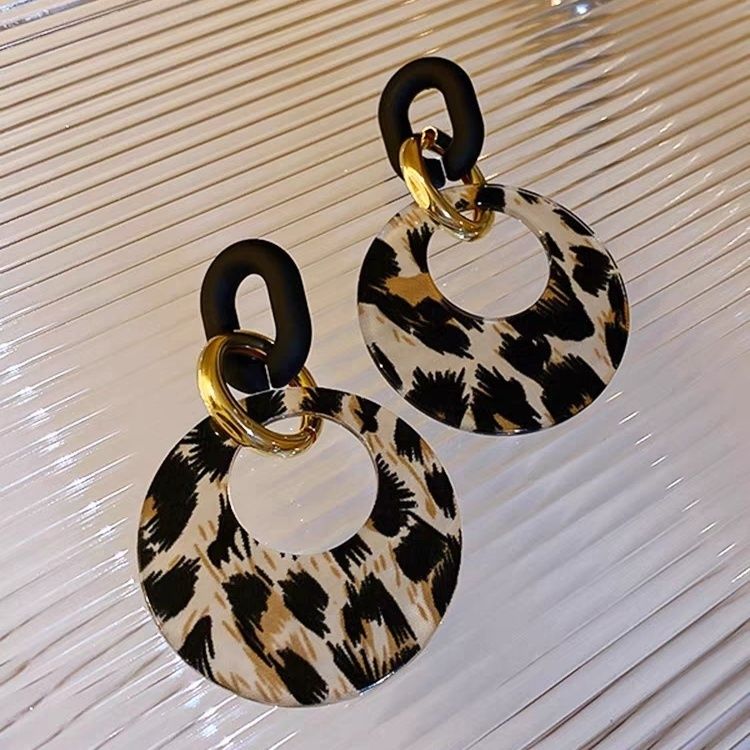 2025秋冬新款耳环女豹纹圈圈高端大气银针复古百搭欧美风耳饰耳饰