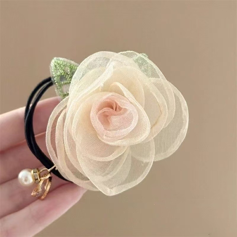Mesh rose hair tie, fresh flower headwear, hair tie, side braid, hair clip, hair tie, high appearance level, hair accessory detail image 3