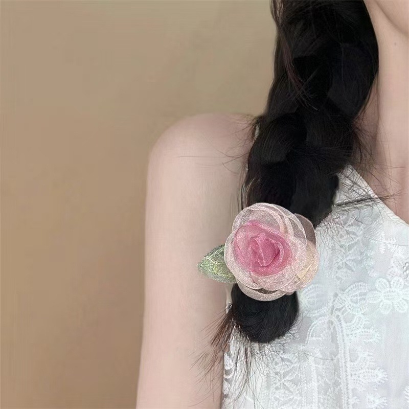 网纱玫瑰发圈清新花朵头饰发绳侧边麻花辫发饰发卡头绳高颜值头花