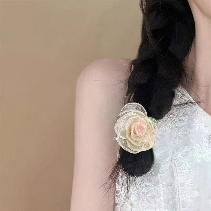 Mesh rose hair tie, fresh flower headwear, hair tie, side braid, hair clip, hair tie, high appearance level, hair accessory detail image 5