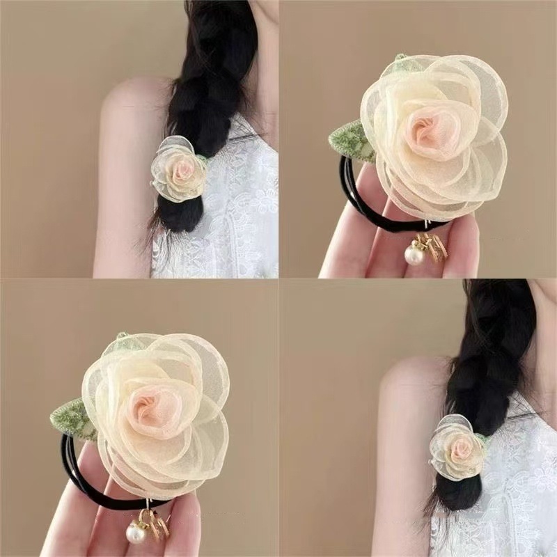 Mesh rose hair tie, fresh flower headwear, hair tie, side braid, hair clip, hair tie, high appearance level, hair accessory detail image 6
