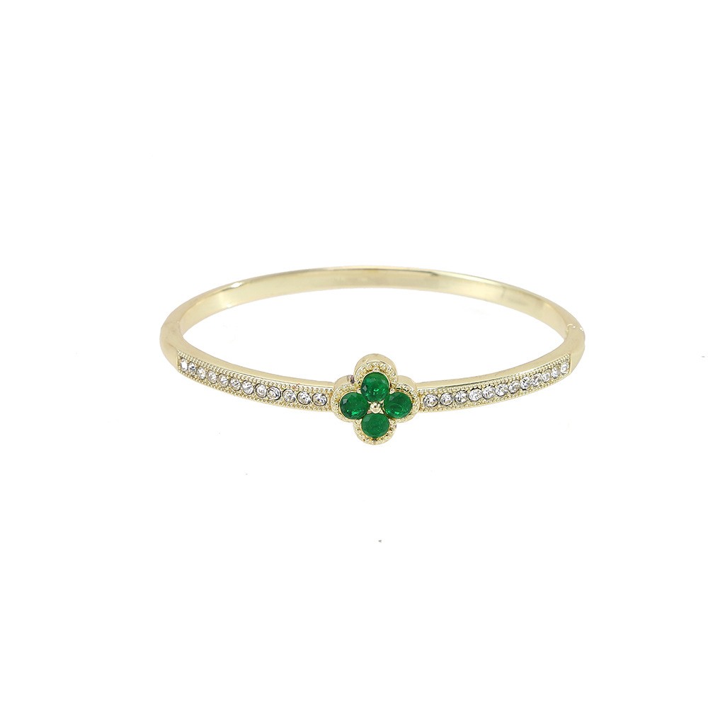 Cross-border best-selling diamond-encrusted green diamond four-leaf clover bracelet for women, retro and high-end open bracelet, fashionable and simple bracelet accessory Item Picture