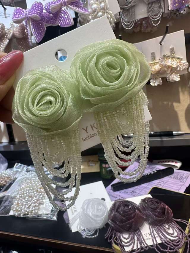 夸张布艺玫瑰花苞流苏米珠串珠耳环耳饰详情图3