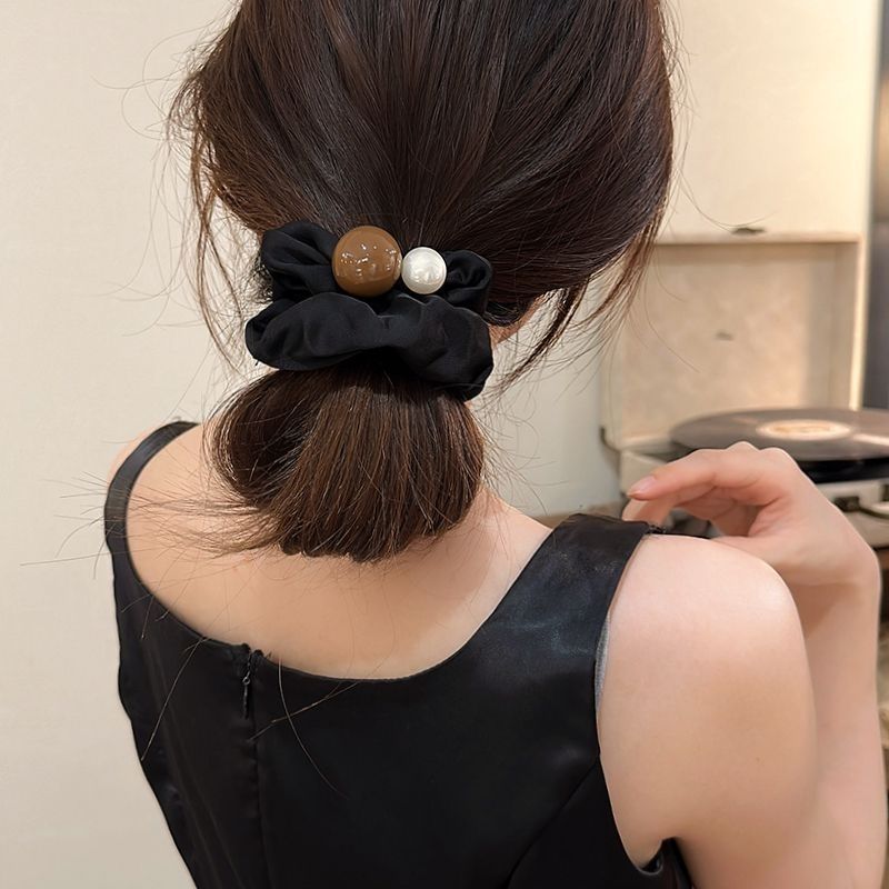 French retro pearl large intestine hair tie headband, feminine and high-end style, satin hair tie, bun head rubber band details Picture