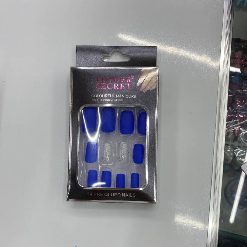 蓝色指甲贴时尚简约纯色美甲延长甲指甲贴