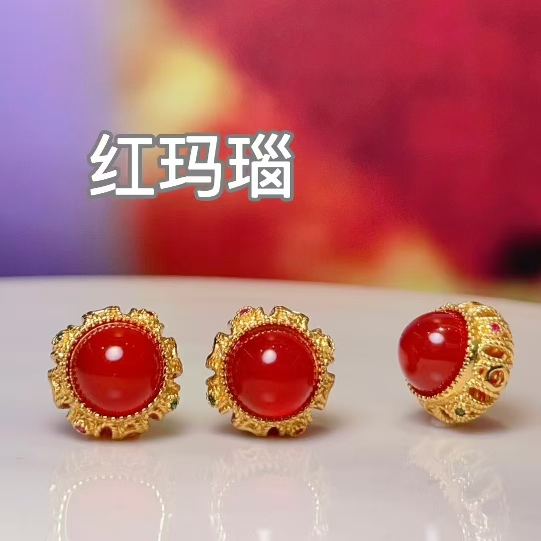 Red agate round straight-hole diy jewelry accessories, crystal accessories, traditional sand gold accessories, copper-plated real gold, high color retention