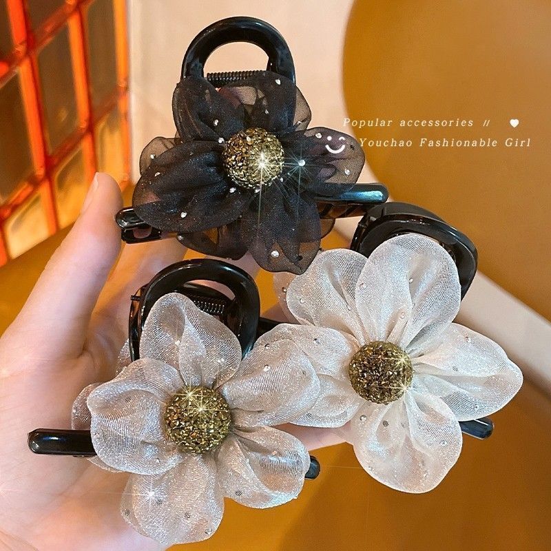 Ougen Gauze flower Grabbler Women's high-end style 2025 New water diamond hair clip at the back of the head shark clip headpiece grabbler detail image 2