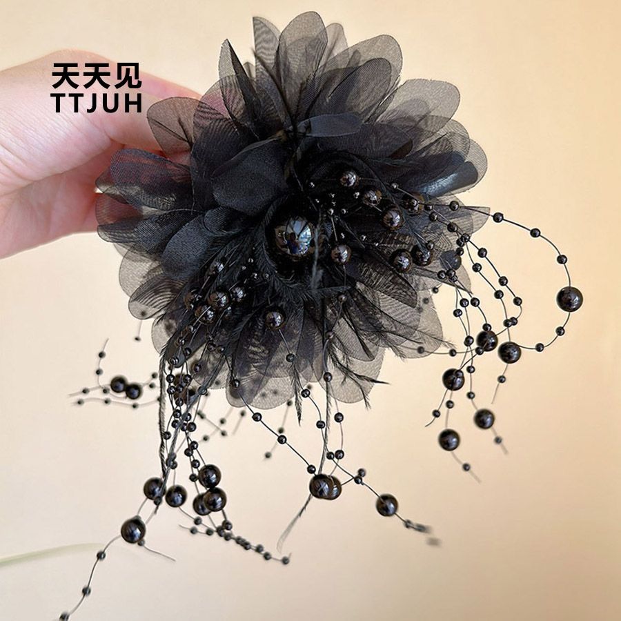 Elegant black lolita headwear with peonies, various hair clips, hair clips at the back of the head to show hair volume, and shark claw clips detail image 2