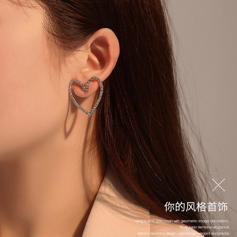 简约气质耳环女夸张镂空桃心耳钉韩国东大门合金闪钻爱心耳饰跨境 爪链耳环欧美复古耳饰韩国耳饰品