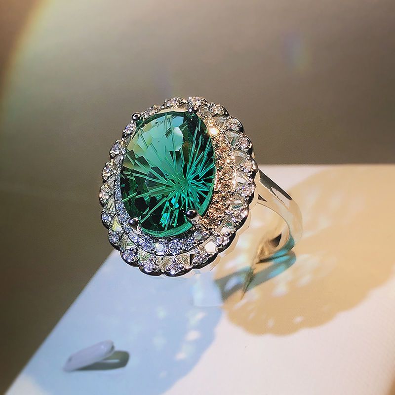 新款热卖高级感烟花工艺镶绿祖母设计感镶嵌锆石戒指富贵高大上爆款祖母绿戒指