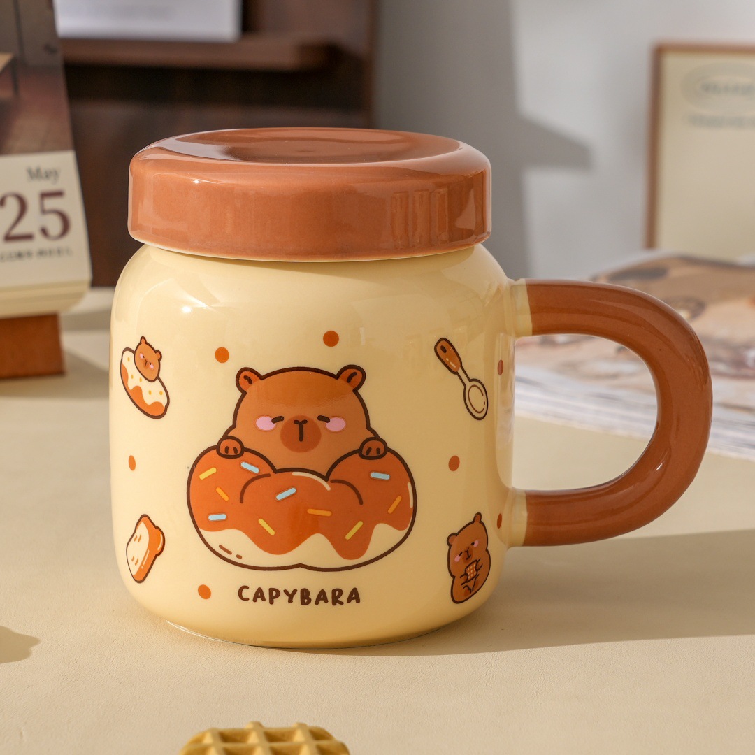 Dust-proof covered cartoon cute bear ceramic cup, high appearance level set, home souvenir gift, office mug, water cup details Picture