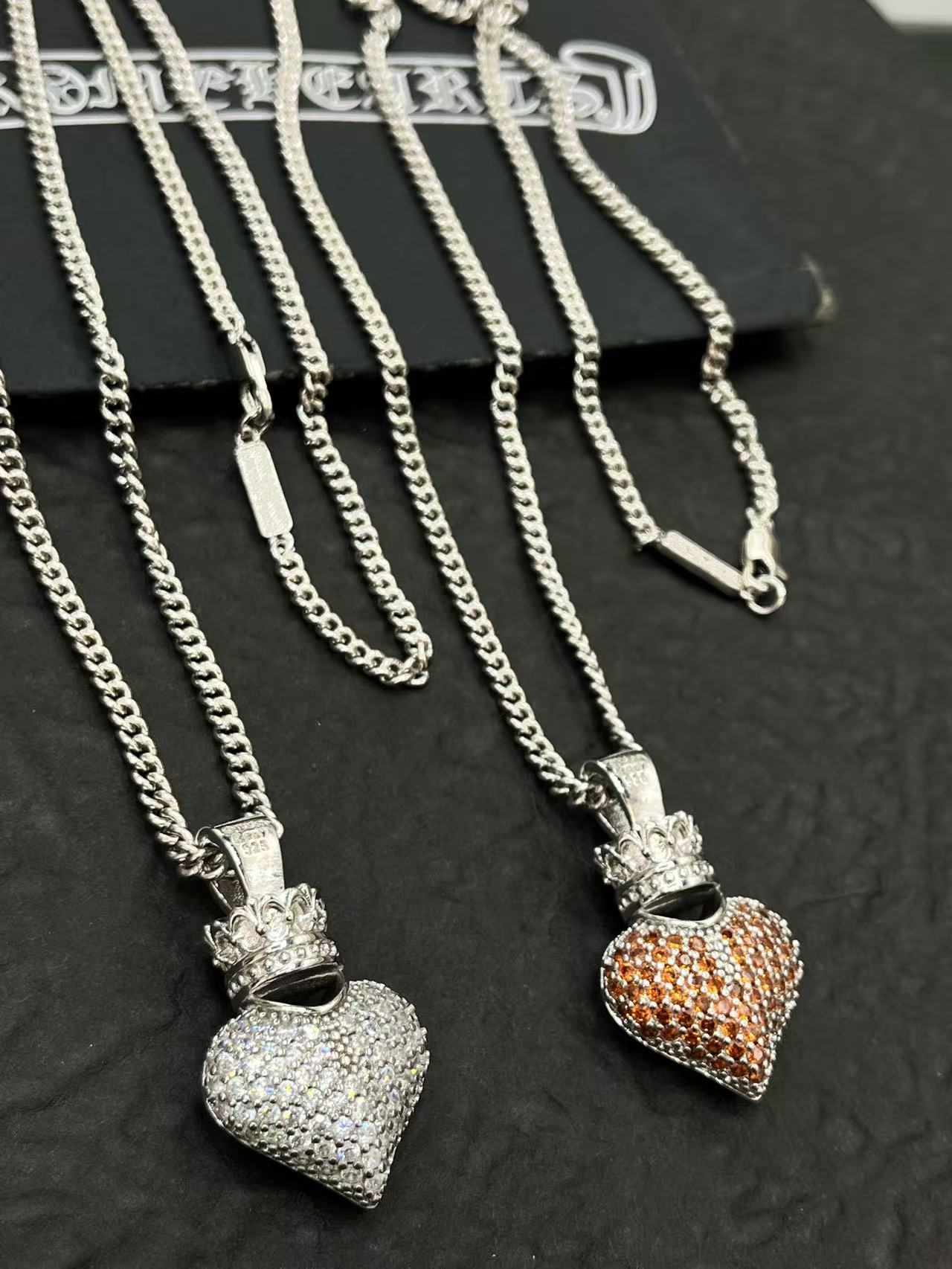 镀S925银爱心皇冠嘻哈配饰毛衣链女吊坠项链项饰