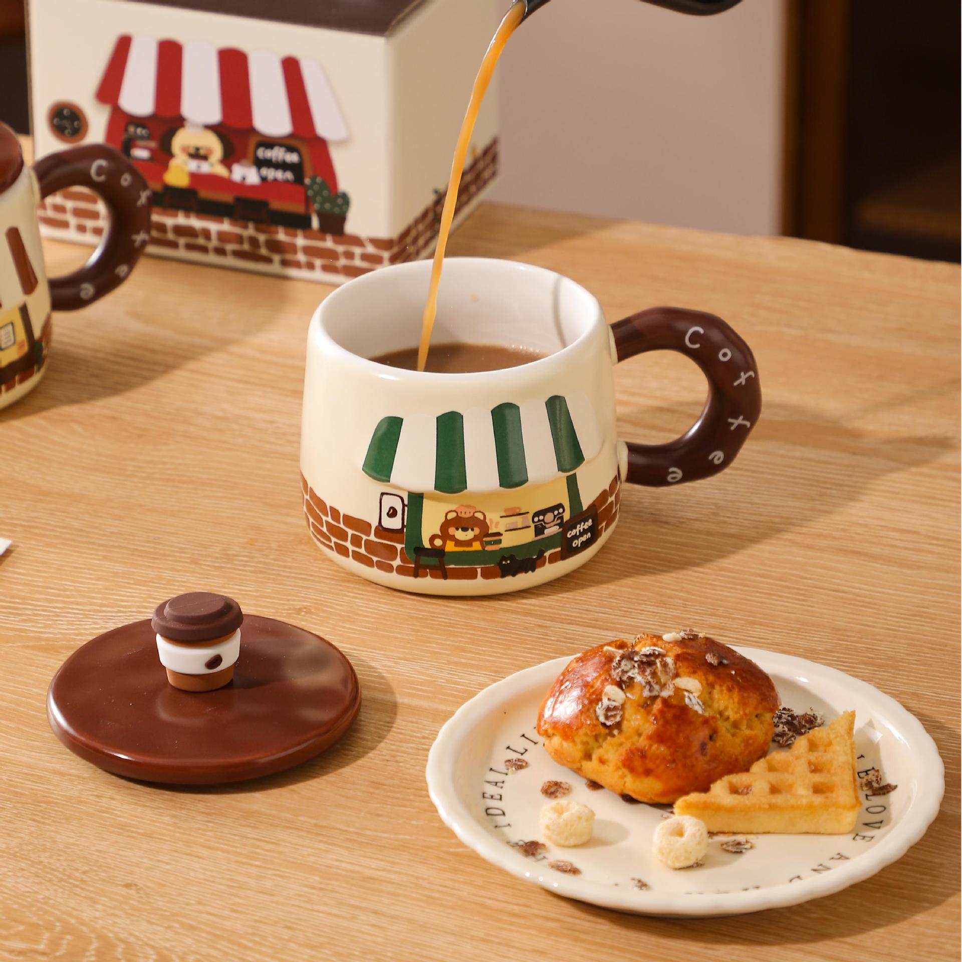 Dust-proof covered cartoon cute bear ceramic cup, high appearance level set, home souvenir gift, office mug pic 4