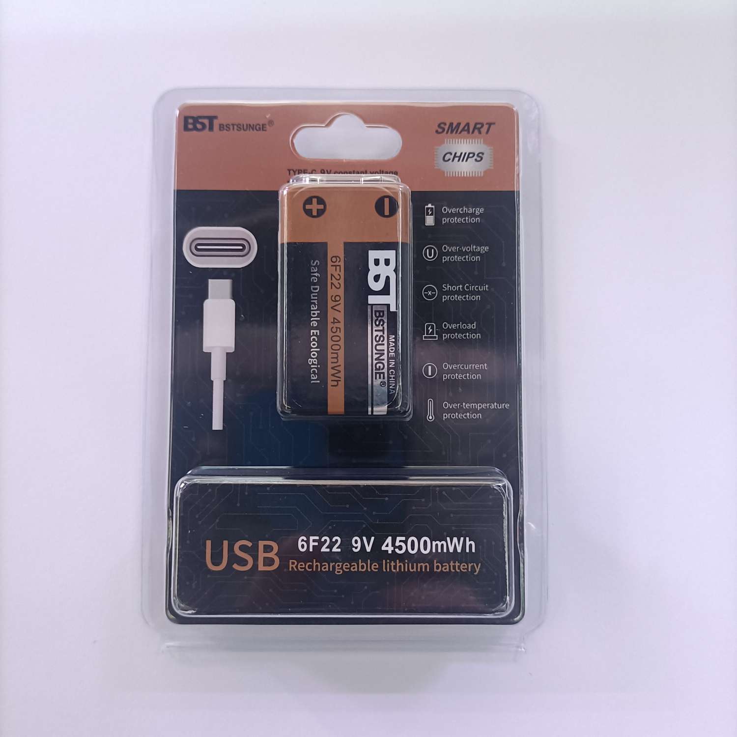 USB. 9V.  充电锂电池二支卡装，可以反复充电1000次以上保质期5年。