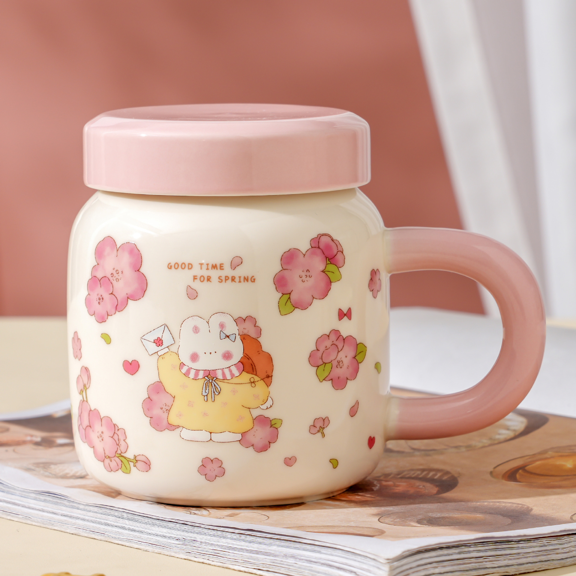 Sakura Little Rabbit covered ceramic cup for little girls, high appearance level, large capacity set, home mug, ins style cup Specification image