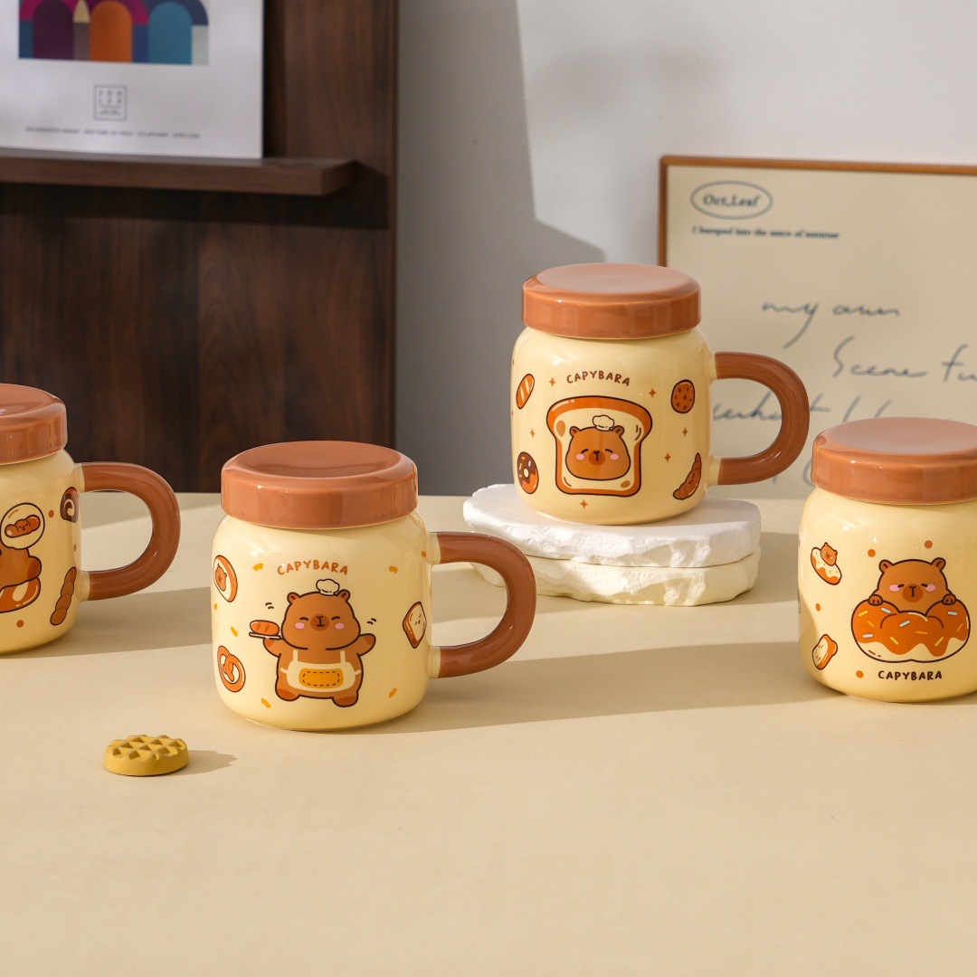 Dust-proof covered cartoon cute bear ceramic cup, high appearance level set, home souvenir gift, office mug, water cup pic 7