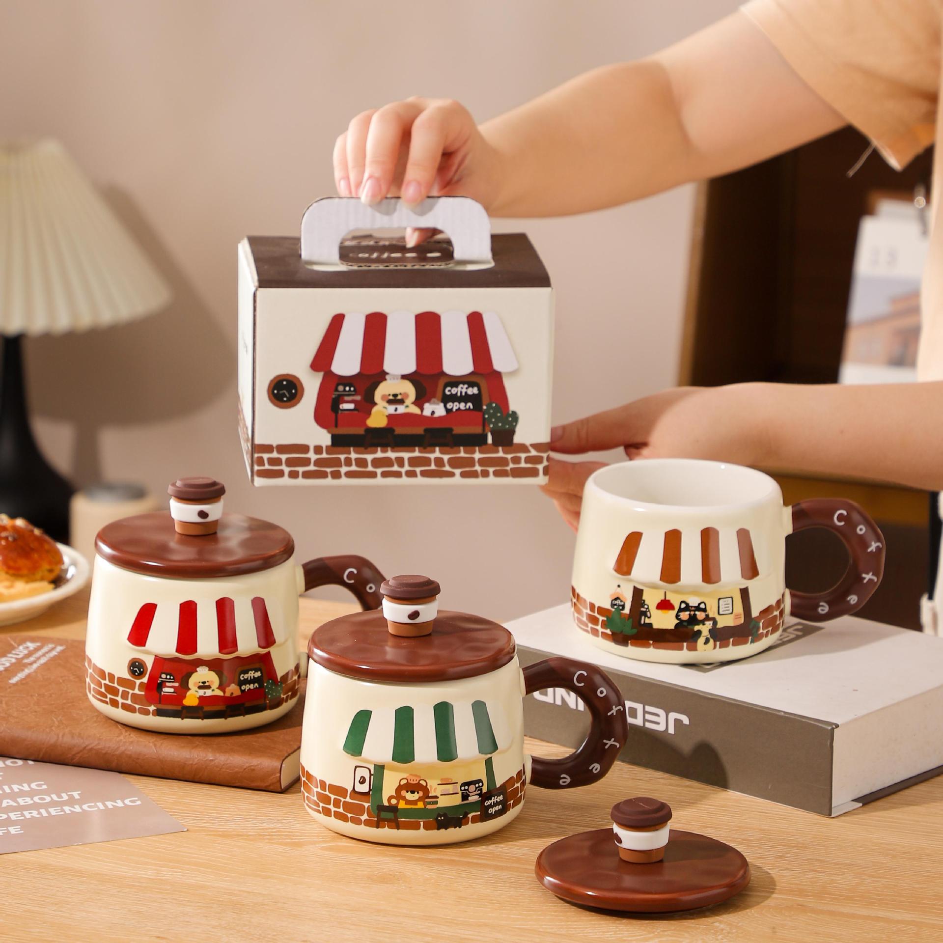 Dust-proof covered cartoon cute bear ceramic cup, high appearance level set, home souvenir gift, office mug pic 1