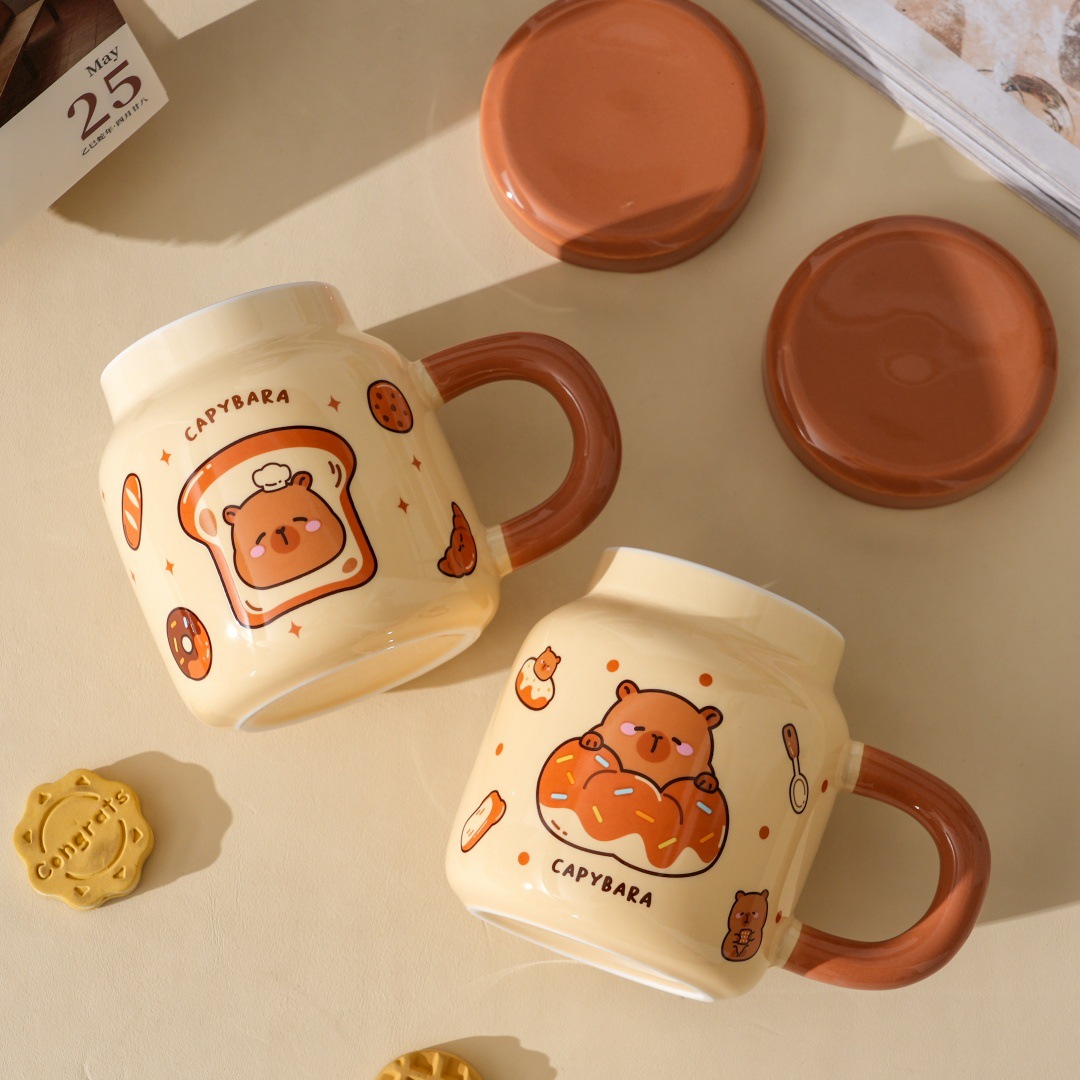 Dust-proof covered cartoon cute bear ceramic cup, high appearance level set, home souvenir gift, office mug, water cup pic 8