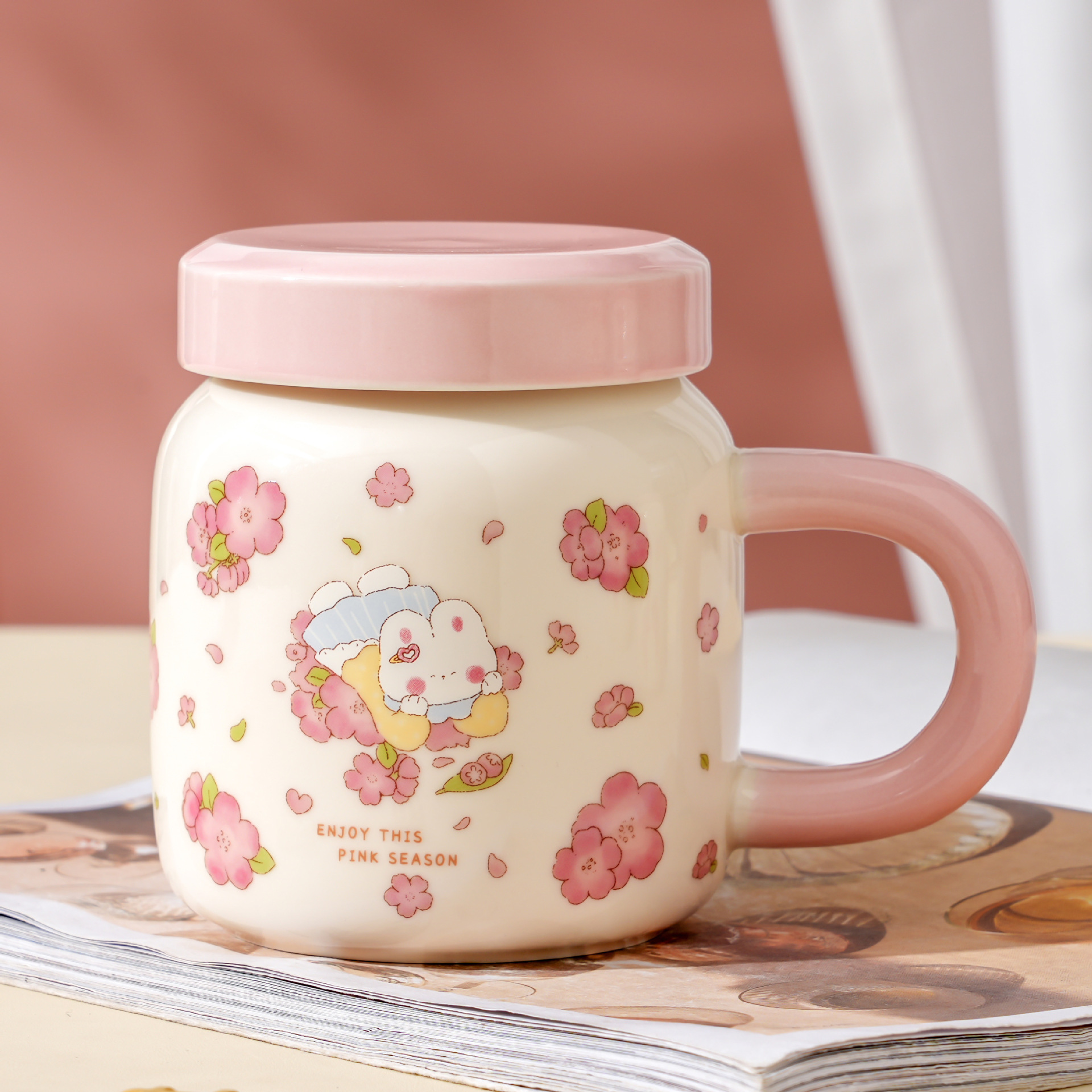 Sakura Little Rabbit covered ceramic cup for little girls, high appearance level, large capacity set, home mug, ins style cup details Picture