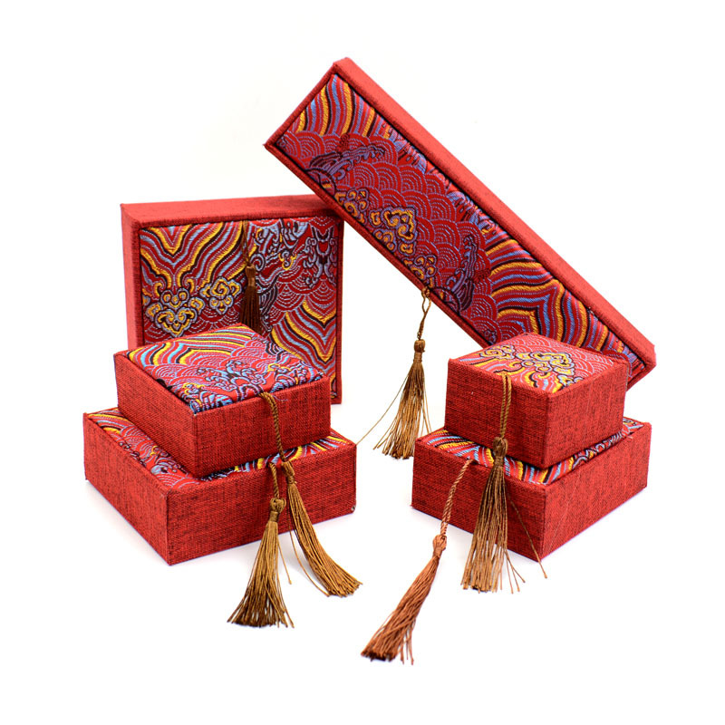 复古麻布首饰盒珠宝戒指盒红色文玩手串盒手镯吊坠项链包装盒批发 