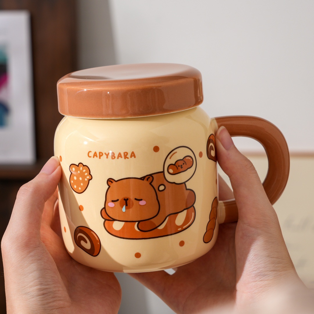 Dust-proof covered cartoon cute bear ceramic cup, high appearance level set, home souvenir gift, office mug, water cup pic 4