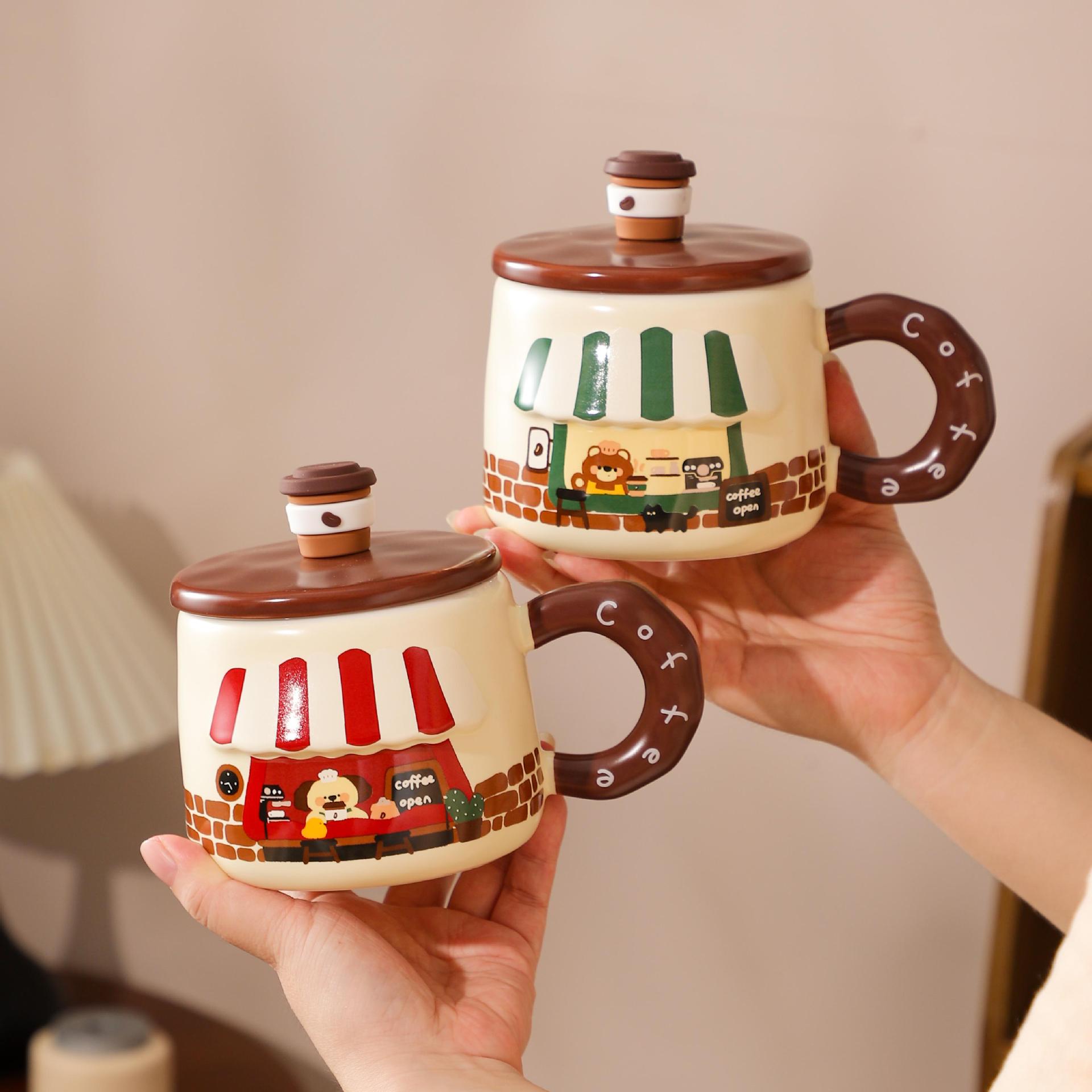 Dust-proof covered cartoon cute bear ceramic cup, high appearance level set, home souvenir gift, office mug details Picture