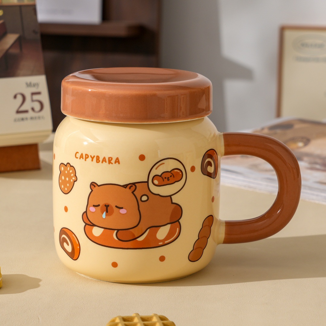 Dust-proof covered cartoon cute bear ceramic cup, high appearance level set, home souvenir gift, office mug, water cup