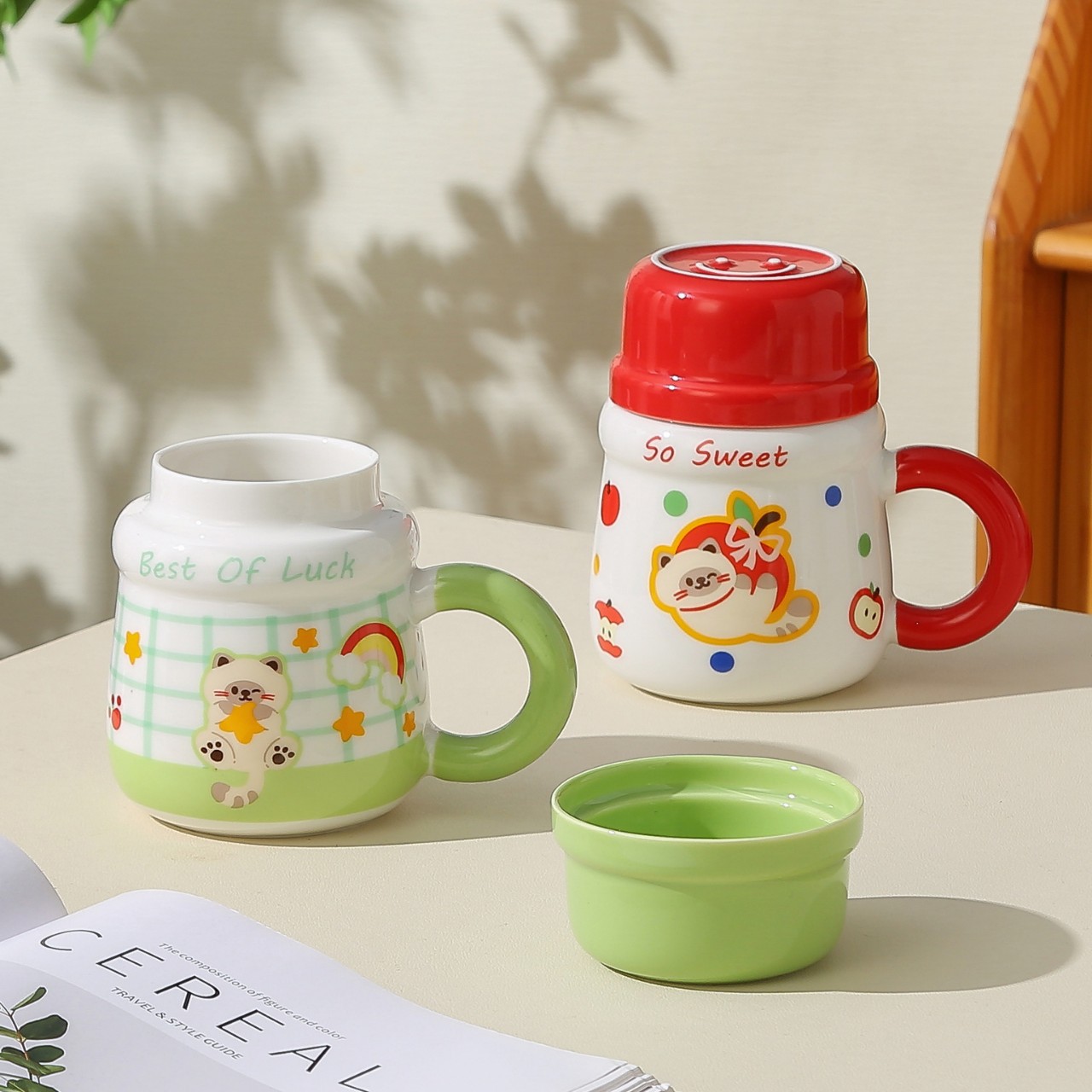 Cute cat ceramic cup with lid, home mug, gift from best friend, birthday present, coffee cup, souvenir details Picture