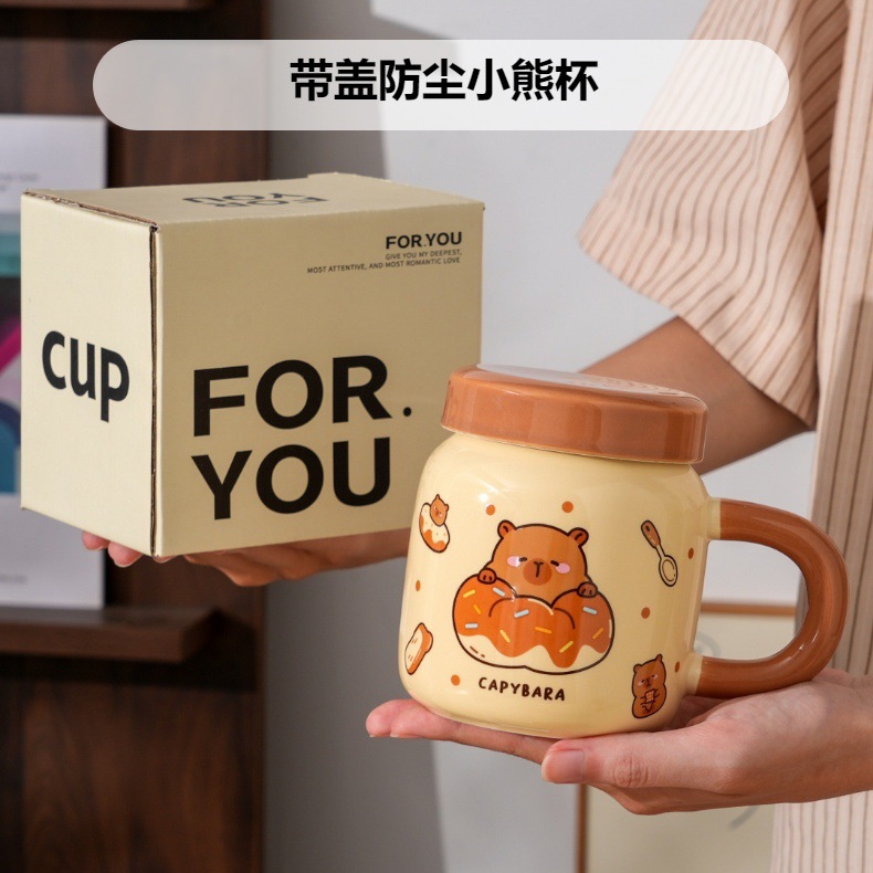 Dust-proof covered cartoon cute bear ceramic cup, high appearance level set, home souvenir gift, office mug, water cup pic 2