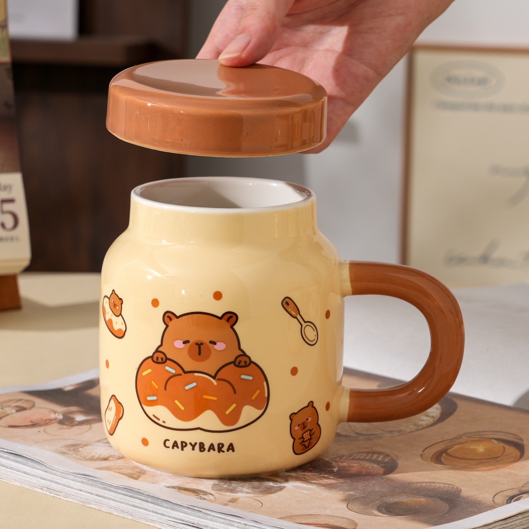 Dust-proof covered cartoon cute bear ceramic cup, high appearance level set, home souvenir gift, office mug, water cup pic 6