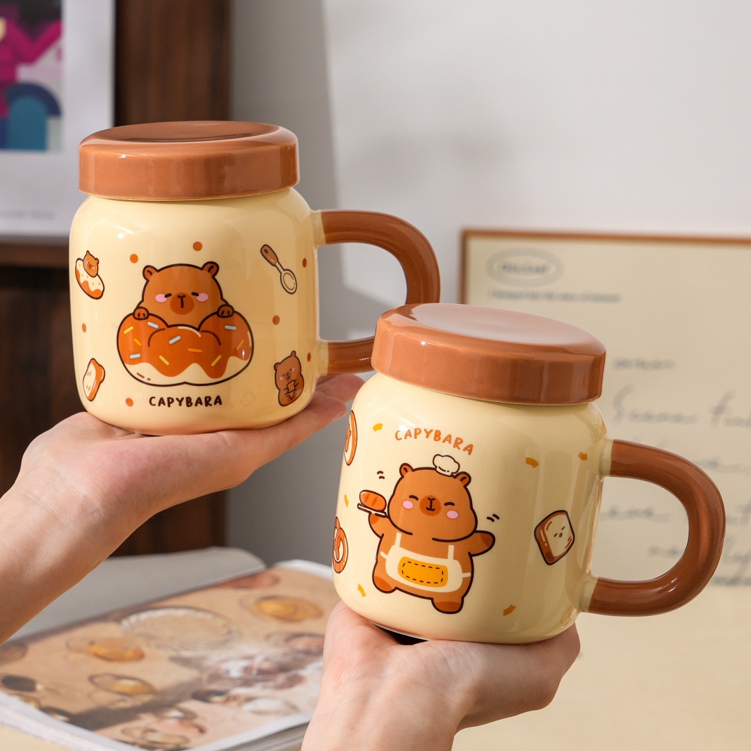 Dust-proof covered cartoon cute bear ceramic cup, high appearance level set, home souvenir gift, office mug, water cup pic 3