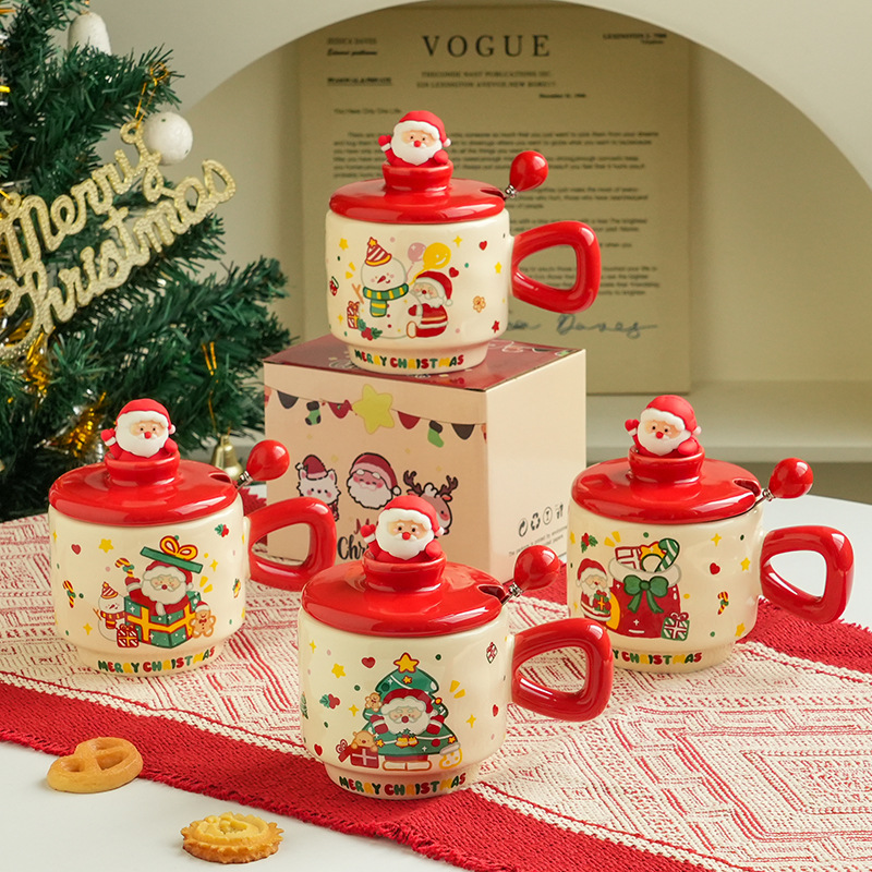 高颜值圣诞陶瓷杯带盖家用卡通可爱早餐情侣水杯创意伴手礼马克杯