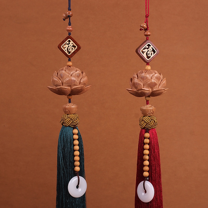 灵隐寺同款网红保平安桃木手工雕刻立体莲花好运连连汽车内饰后视镜车挂件