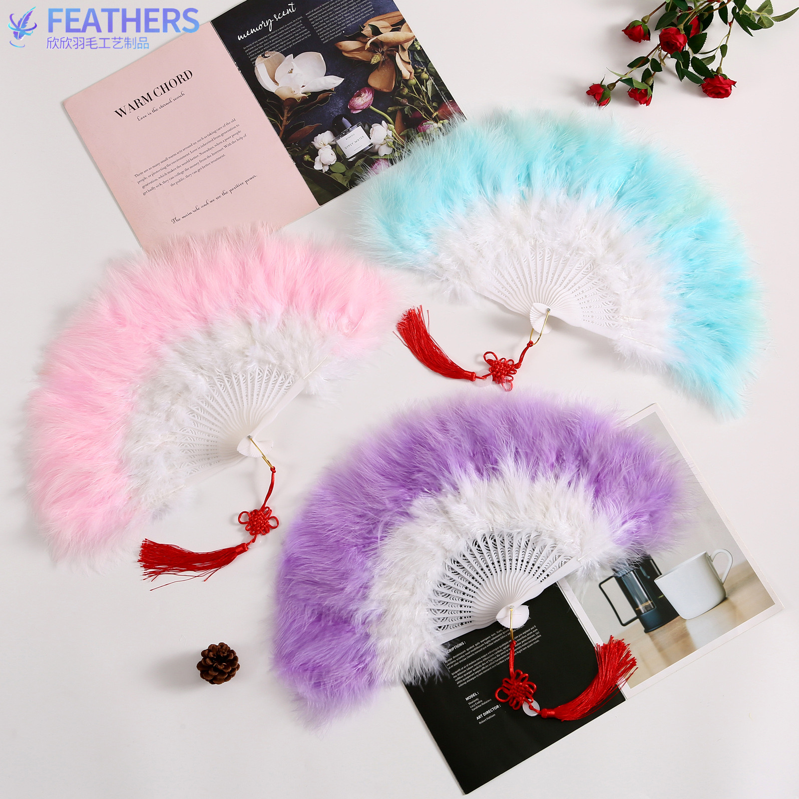 全绒羽毛扇子拼色舞台走秀舞蹈折扇网红羽毛扇子工艺羽毛扇