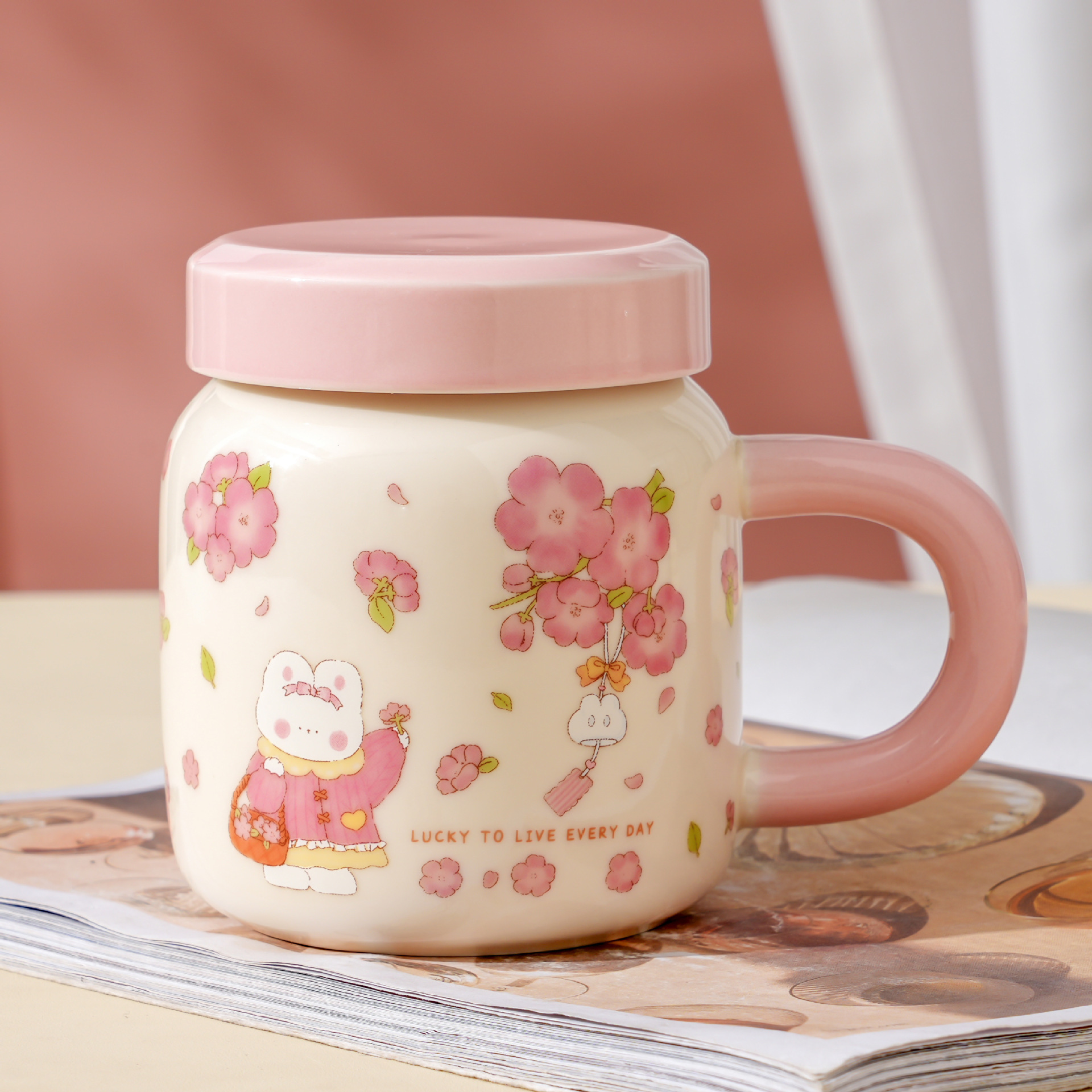 Sakura Little Rabbit covered ceramic cup for little girls, high appearance level, large capacity set, home mug, ins style cup Sakura Little Rabbit covered ceramic cup for little girls, high appearance level, large capacity set, home mug, ins style cup