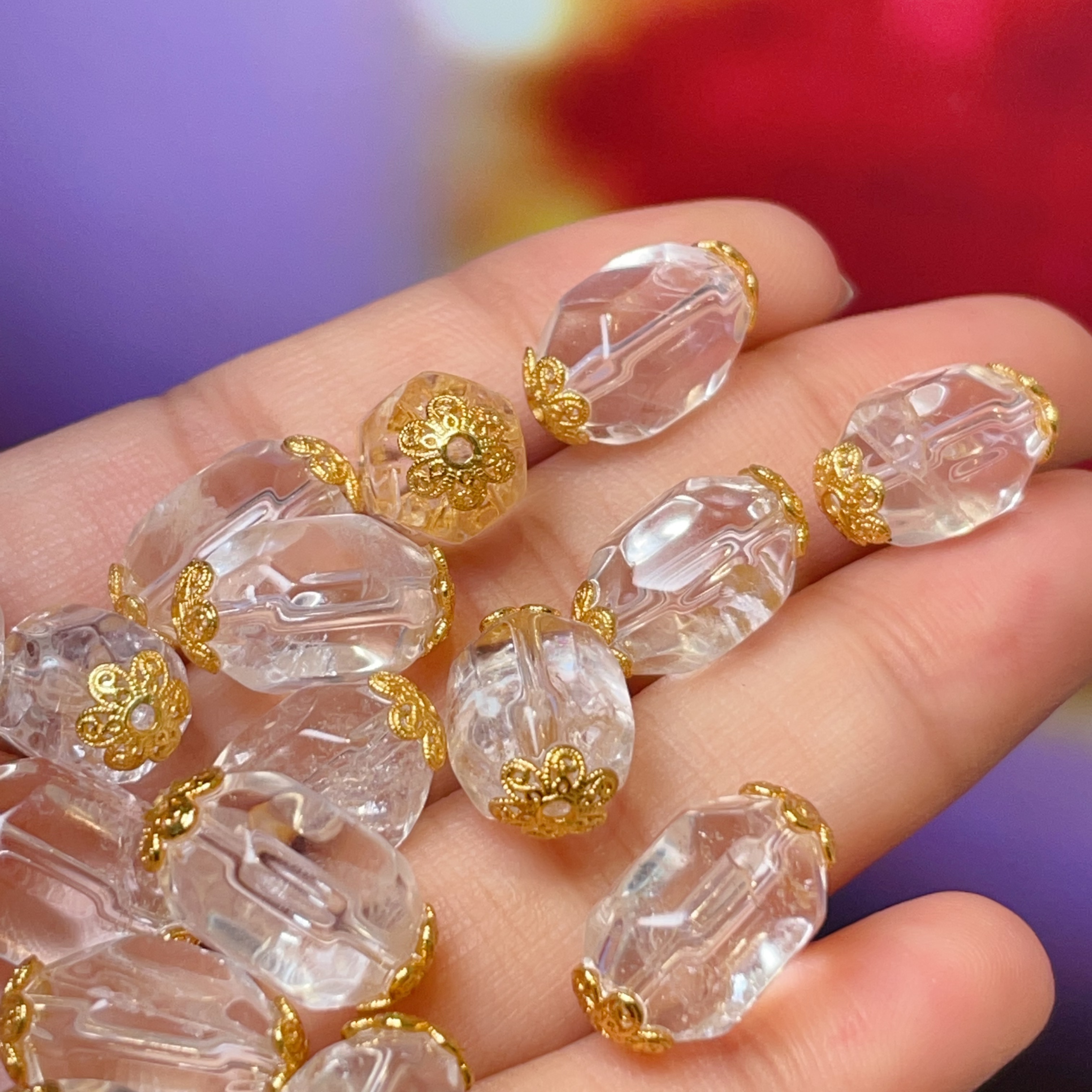 天然白水晶不规则直孔diy饰品配件水晶配件古法沙金配件铜镀真金高保色详情3