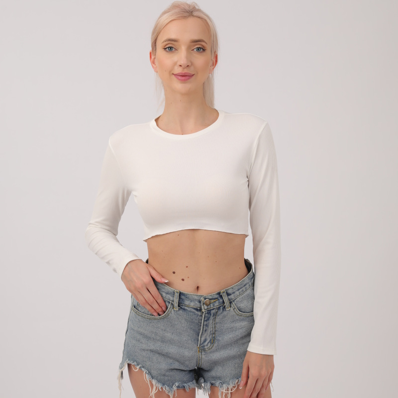 工厂现货  新款欧美外贸露脐修身打底衫 韩松洋气时尚上衣女透气夏季长袖T恤 衣服女装T恤女修身显瘦t恤女