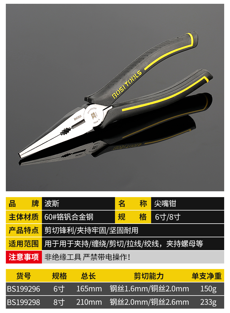 Persian King wire cutters, 6-inch pointed nose cutters, 8-inch electrician diagonal nose cutters, wire breaker cutters, BS199096 King wire cutters, pointed nose cutters, diagonal nose cutters, fishing cutters, chrome-vanadium steel pic 1