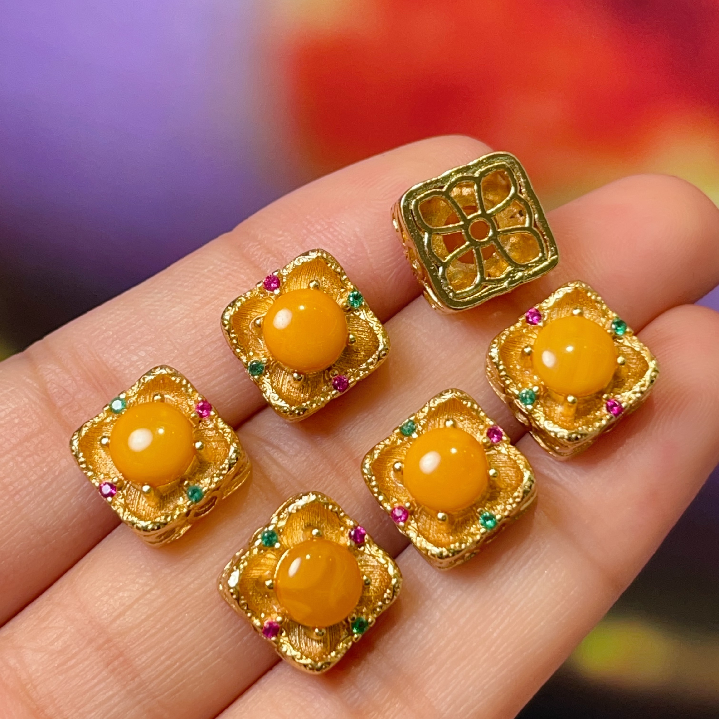 天然蜜蜡方形直孔diy饰品配件水晶配件古法沙金配件铜镀真金高保色详情4