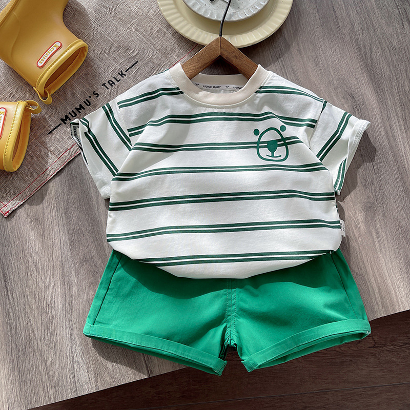Trendy boys' striped short-sleeved set 2025 New summer dress for kids, Korean style T-shirt and shorts two-piece baby top Specification drawing