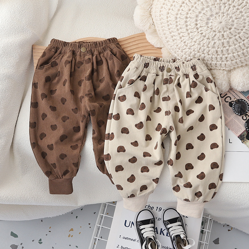 Korean-style children's corduroy bean pants, long pants, spring and autumn single-layer baby pants for boys and girls, loose cotton, casual and stylish full figure