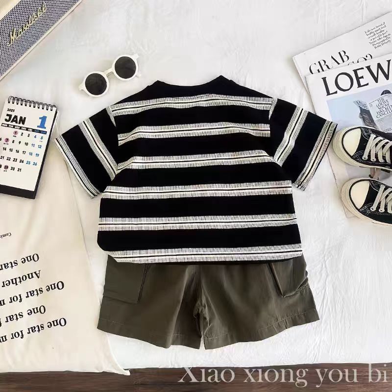Boys' Summer Set 2025 New style Children's striped short-sleeved summer clothes, baby boys' fashionable puller print Application Scenario