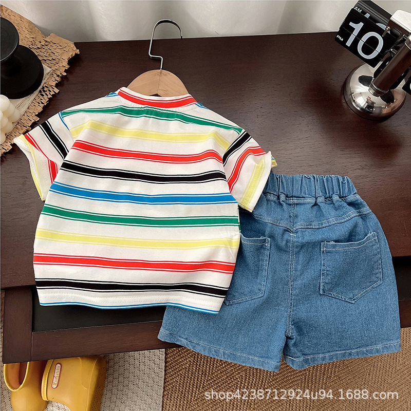 Children's cartoon short-sleeved T-shirt 2025 Summer Edition for Babies and Kids, rainbow striped loose half-sleeved boys' summer set details Picture