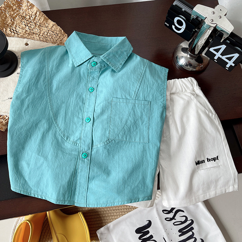 Nanbao's 2025 new Korean-style simple summer outfit for boys is fresh and light blue sleeveless shirt and 5-inch pants set, which is cool and trendy Specification drawing