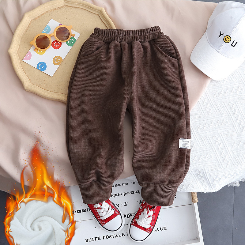 Boys' pants, children's fleece thickened corduroy pants 2022 new style Children's one-piece fleece warm outerwear long pants full figure