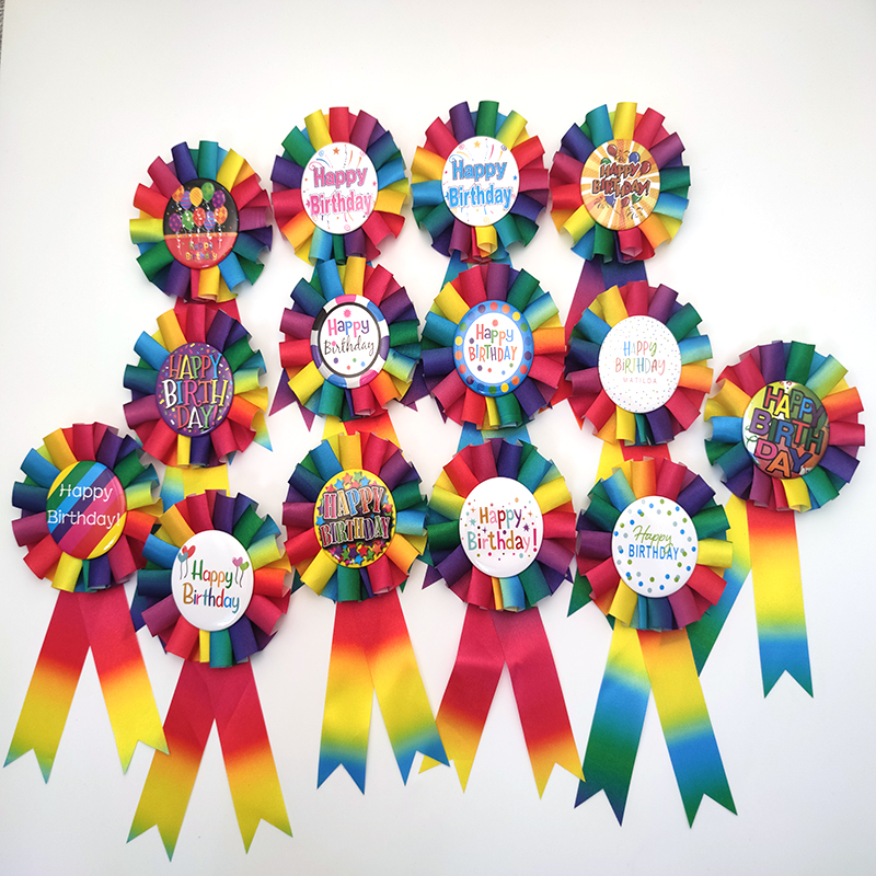 厂家支持多图混批渐变印刷花边丝带happybirthday马口铁胸花胸章
