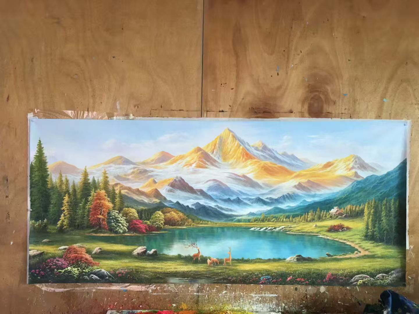 中古风绿色客厅装饰画沙发背景墙挂画高级感竹子长条卧室床头壁画2